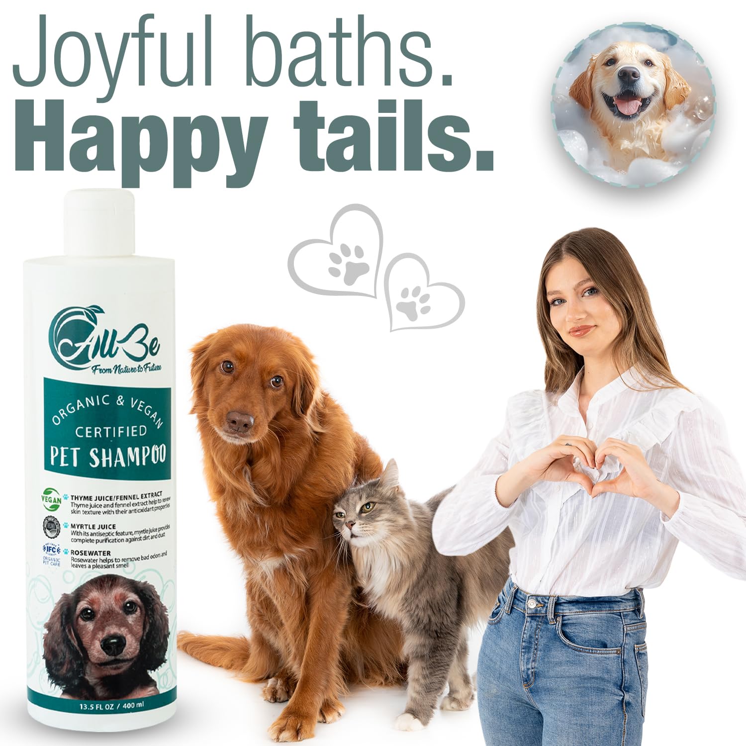 Hundeshampoo 3x400 ml – Bio 4-in-1 Shampoo für Hunde & Katzen – vegan & natürlich – gegen Juckreiz, Trockenheit & Geruch – Rosenwasser, Thymian, Fenchel – beruhigende Pflege