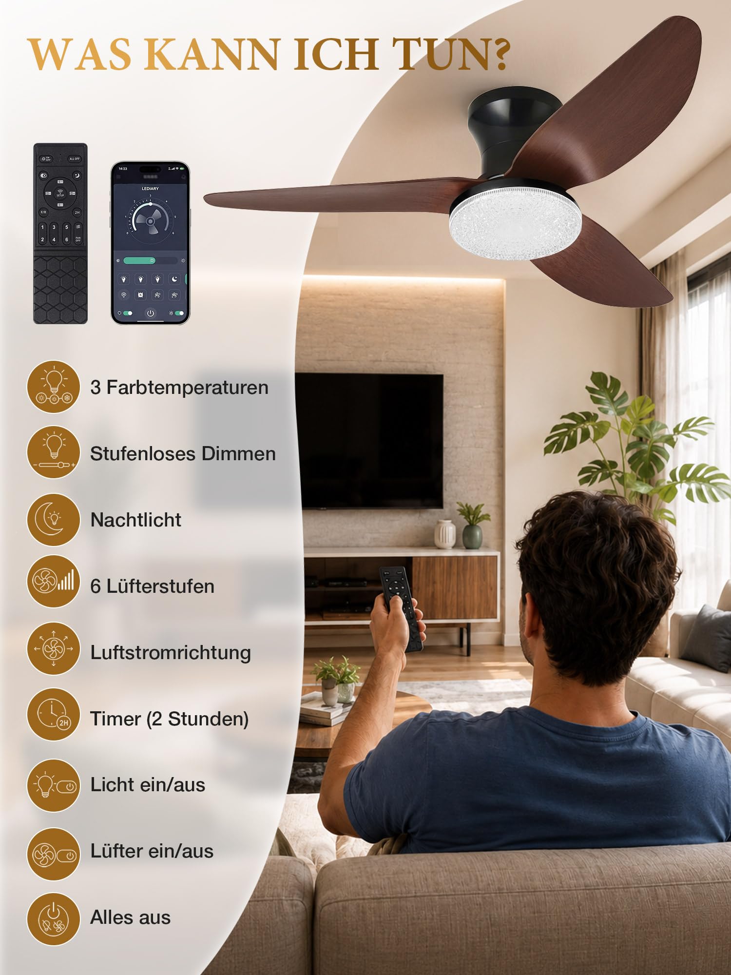 Deckenventilator mit Beleuchtung Leise, Kristalloptik, 100 cm, Reversibler DC-Motor, Dimmbare LED-Lampe mit Ventilator, App und Fernbedienung, 6 Gang, Timer, für Schlaf- und Wohnzimmer