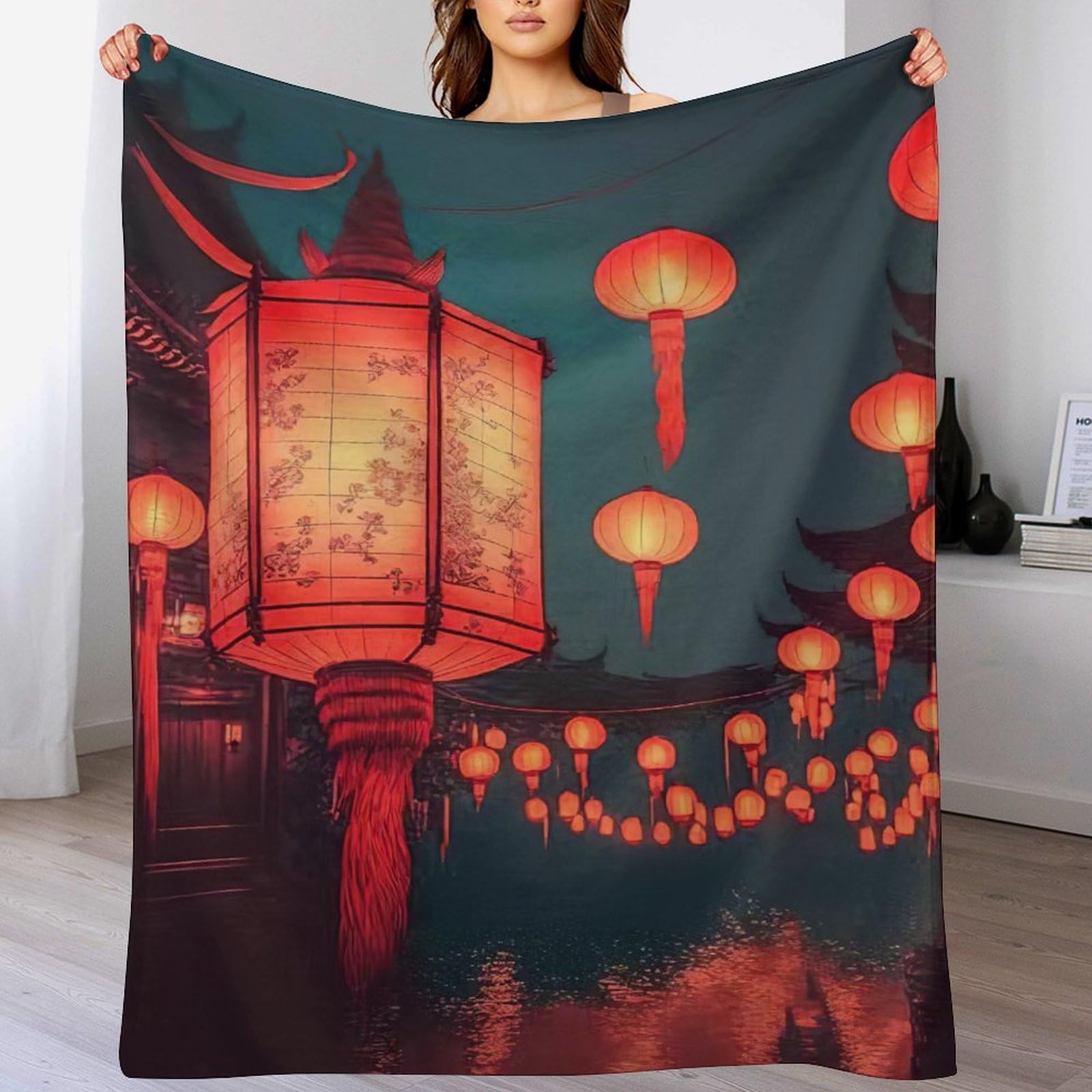 Couverture polaire lanterne chinoise en flanelle chaude et couvre-lit lit
