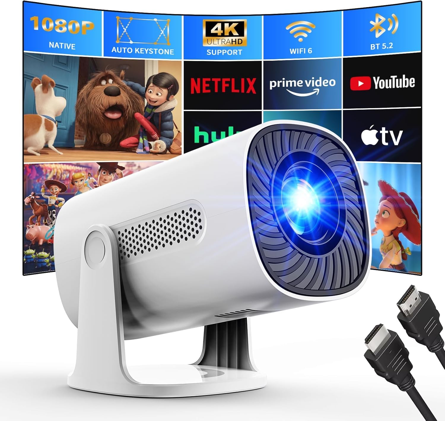 Mini Proyector 4K 1080P Proyector con Modos Estrella WiFi 6 y Bluetooth Proyector con Apps y Android TV OS, Auto Keystone Altavoz Estéreo, Compatible con TV Stick/Smartphone/HDMI, Blanco