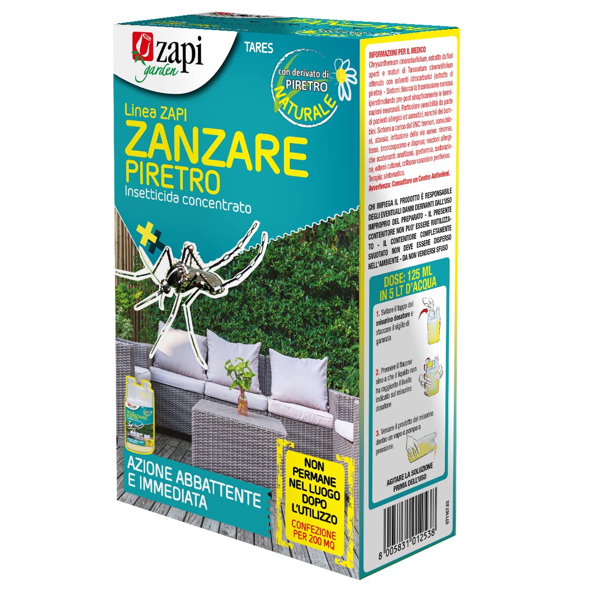 Zapi Garden | Insetticida Concentrato PIRETRO Azione Abbattente per Zanzare in Ambienti Domestici e Sensibili, Ideale contro Mosche, Formiche e Scarafaggi, 250ml