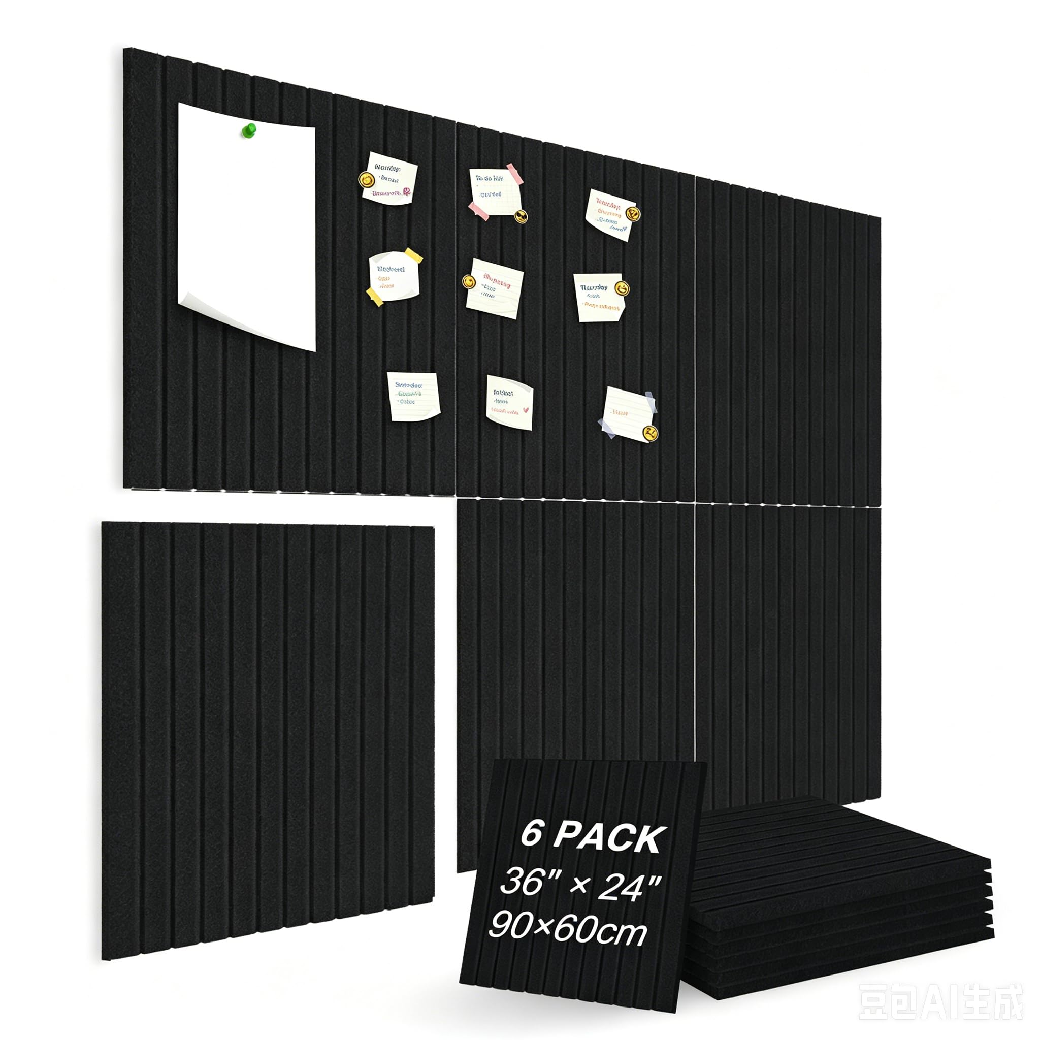 Large Cork Bulletin Board, 6 pcs 30 * 30 cm 3D Peel Decorative Felt Slat Tiles, Freely Assembled & Not Damage Walls Office Board with Adhesive Tabs, Display Board for Photos, Notes, Postcard (Black)
