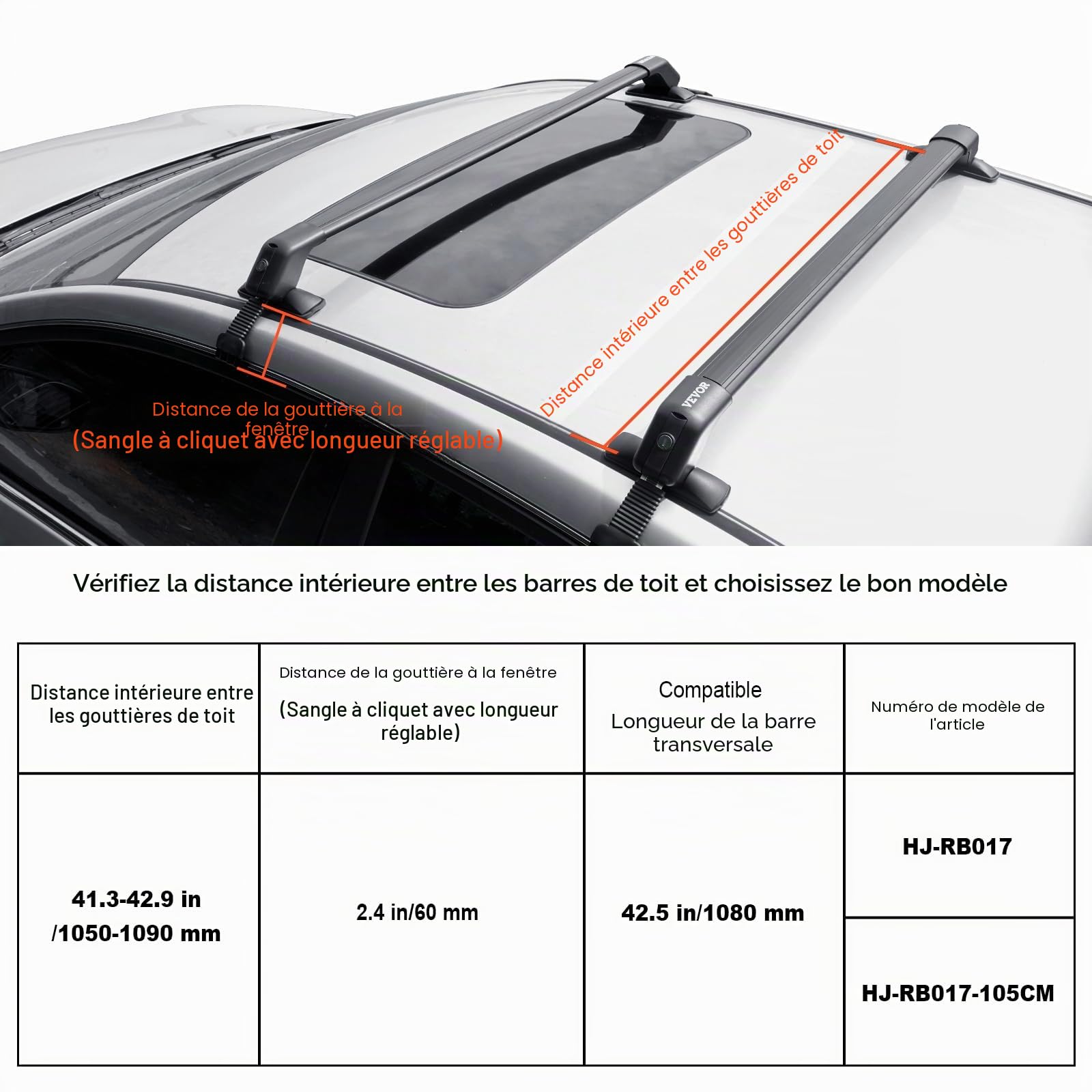 VEVOR Barres transversales de Toit en Aluminium de 41 Pouces avec capacité de Charge de 155 Livres, Barres transversales de Toit réglables avec serrures, pour Voitures sans Rail