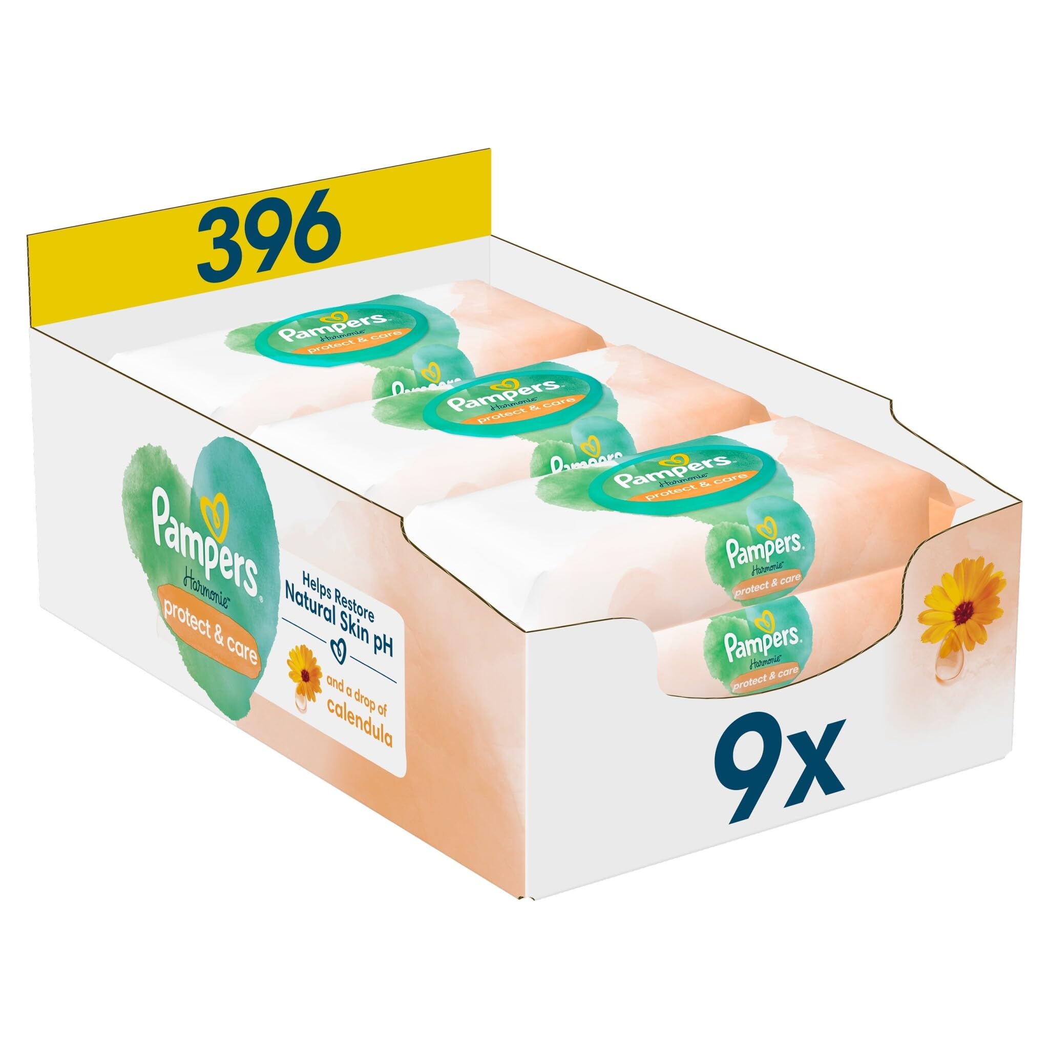 Pampers Harmonie Protect & Care Lot de 9 paquets de 44 lingettes humides = 396 lingettes humides qui aident à restaurer le pH naturel de la peau