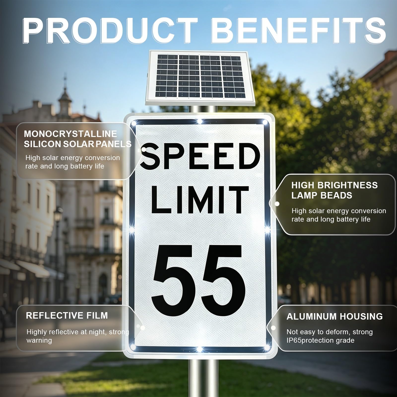 Límite de Velocidad Intermitente LED con Aluminio, Señal de Límite de Velocidad Solar, Marco ce Metal Resistente, Aplicable Dentro del Recinto de Fábrica