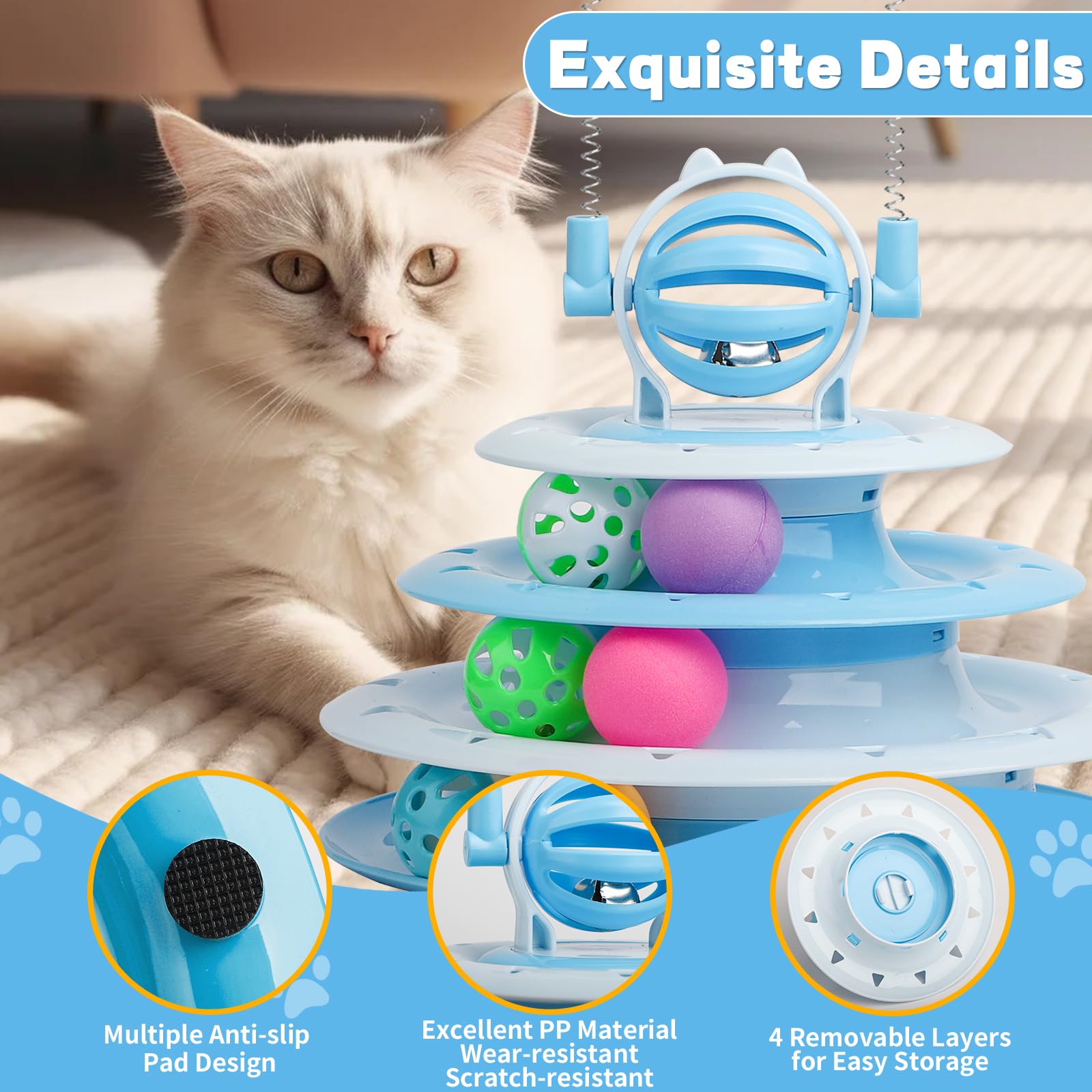 LALAKATS Juguetes para gatos de interior, juguetes interactivos para gatos, rompecabezas para gatos, juguete de bola para gatos con 2 teasers para gatos, color azul