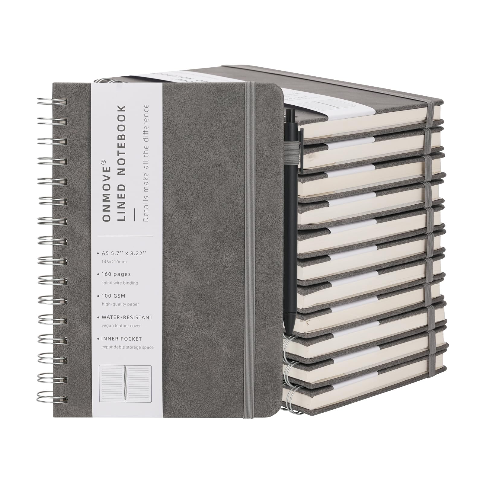 OnMove Spiral Notebooks Journal for Women Men 12 Pack Bulk Leather Hardcover with Pen Holder A5 160 Pages 100 GSM Thick Paper for Work School Lined