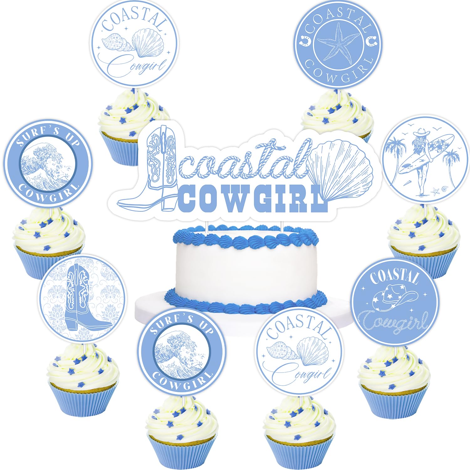 Coastal Cowgirl Cake Topper Cupcake Toppers Nautical Bridal Shower Decorations Shell Boots Hat Cake Decor for Western Cowgirl Retro Summer Beach