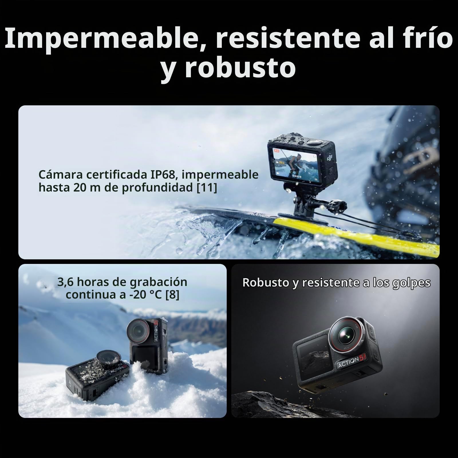 DJI Osmo Action 5 Pro Pack Aventura, cámara Deportiva, Sensor 1/1.3", batería Aumentada a 12 h con 3 baterías, estabilización, 2 Pantallas táctiles OLED (5 Pro Adventure Combo)