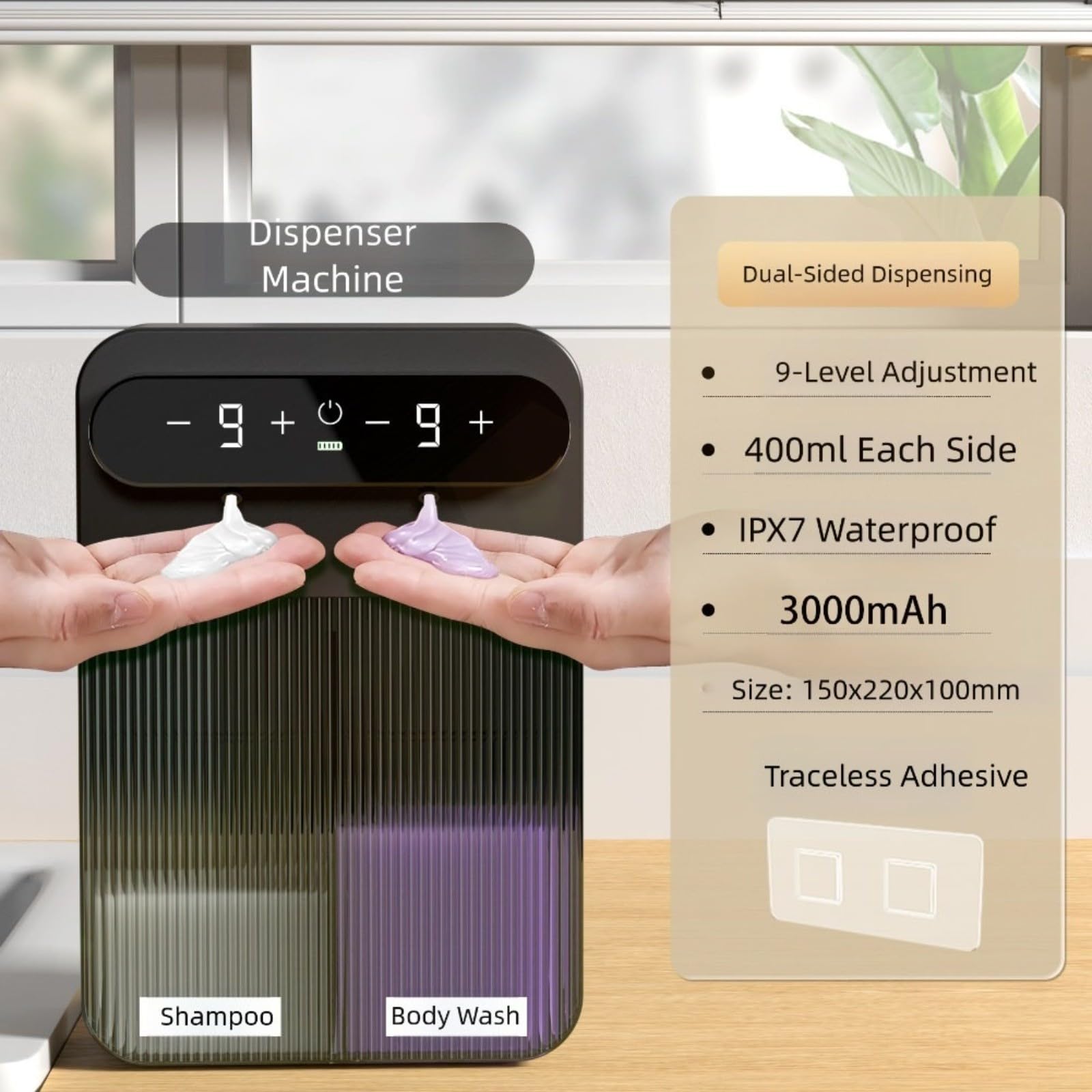 Dispensador de jabón eléctrico de doble cabeza, espuma y líquido sin contacto, 9 velocidades, 400 ml, IPX7 impermeable, batería de 3000 mAh para cocina y baño (A)