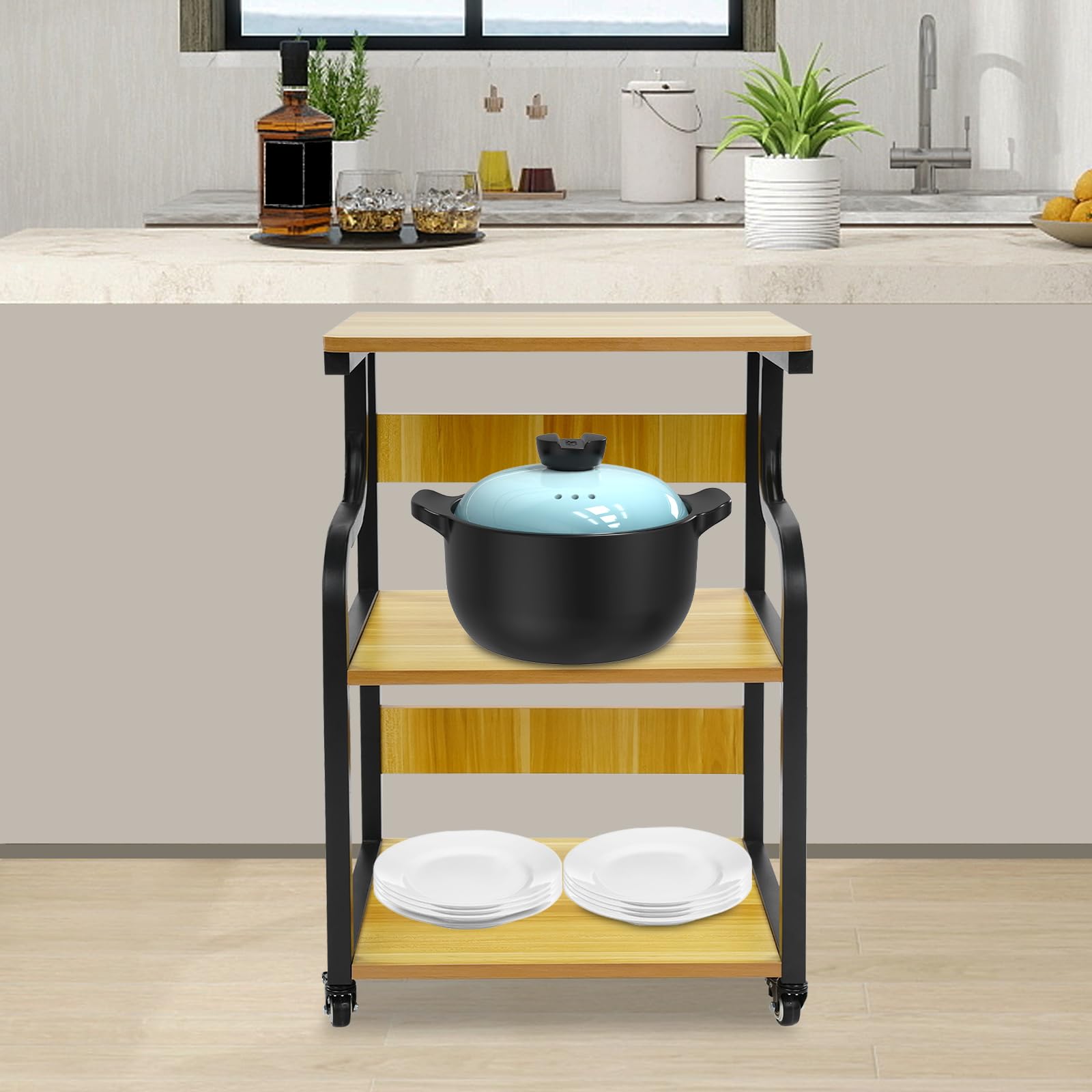 3-stufiger Druckerständer, Mobiler Druckertisch Druckerregal aus Massivholz Druckwagen Tragkraft 80kg für Heimbüros, Firmenbüros, Studienräume, Druckräume 50x40x74,5cm (Schwarz + Licht Walnussfarbe)