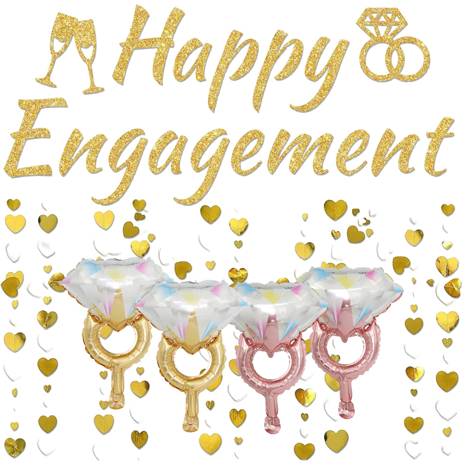 6 Pcs Engagement Decorations Set, Complete Kit with Diamond Ring Engaged Balloons and Engagement Banner, Ideal for Engagement Parties and Bridal Showers, Versatile Wall and Ceiling Display Options