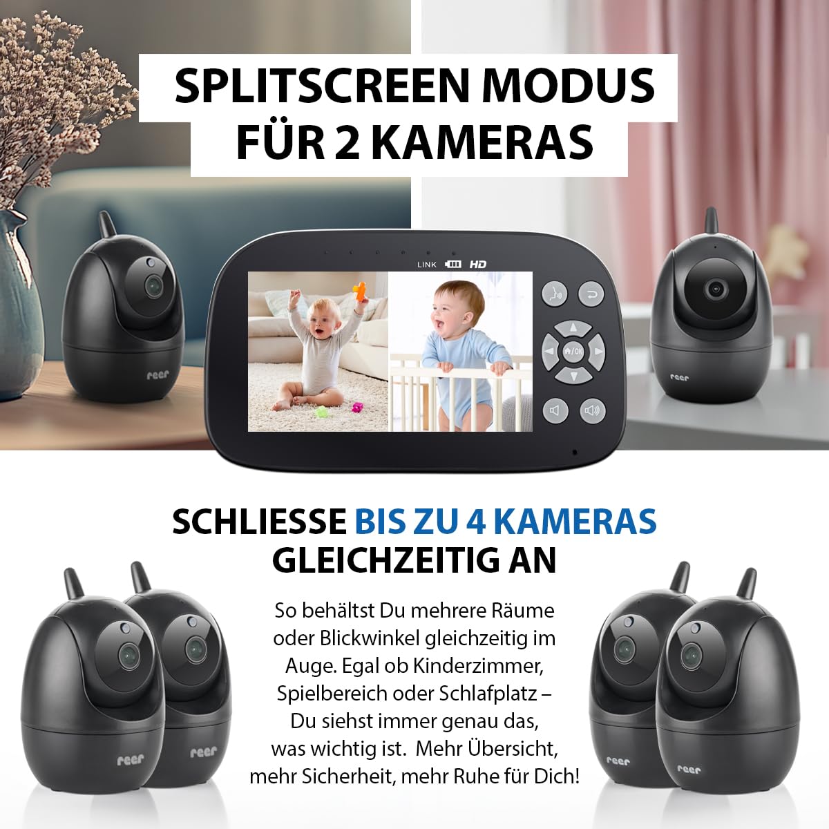 reer BabyCam Pro HD Move | Digitales Video-Babyphone mit FHSS-Technologie | Großer 5" HD-Bildschirm | 300m Reichweite | schwenk- & neigbare Kamera mit Nachtsicht und 4-fach Zoom