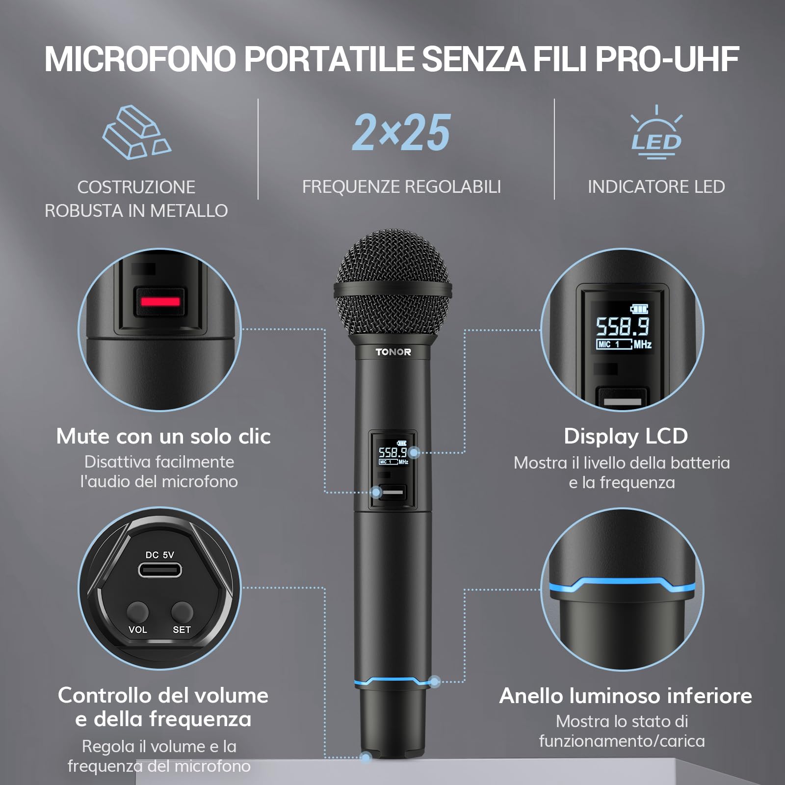 TONOR Microfono Wireless Professionale, Sistema Microfono Ricaricabile Bluetooth, Microfono Dinamico in Metallo UHF 2x25 per Karaoke, Chiesa, Canto, Matrimonio, Riunione, Mute con Clic, 100 M, TW720