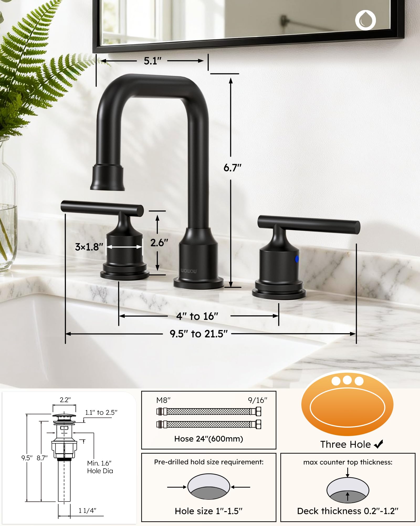 WOWOW Dwa uchwyty szeroko rozpowszechniona bateria łazienkowa 20 cm czarna 3 sztuki baterie umywalkowe 360 stopni obrotowa wylewka bateria umywalkowa do toalety