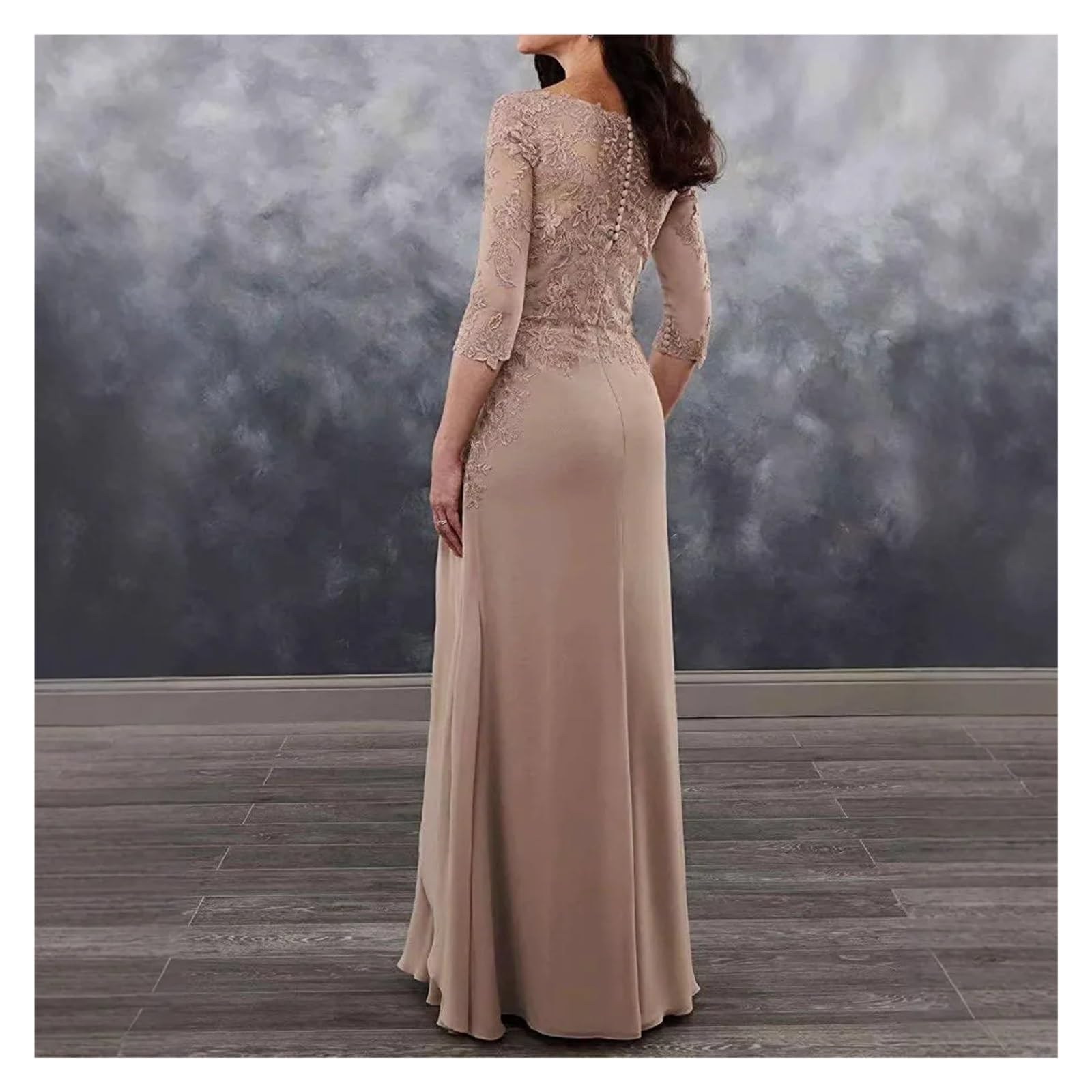 Abito da Sposa con Maniche a 3/4 e Applicazioni in Pizzo, for la Madre della Sposa, for Gli invitati al Matrimonio, Lungo in Chiffon(16W)