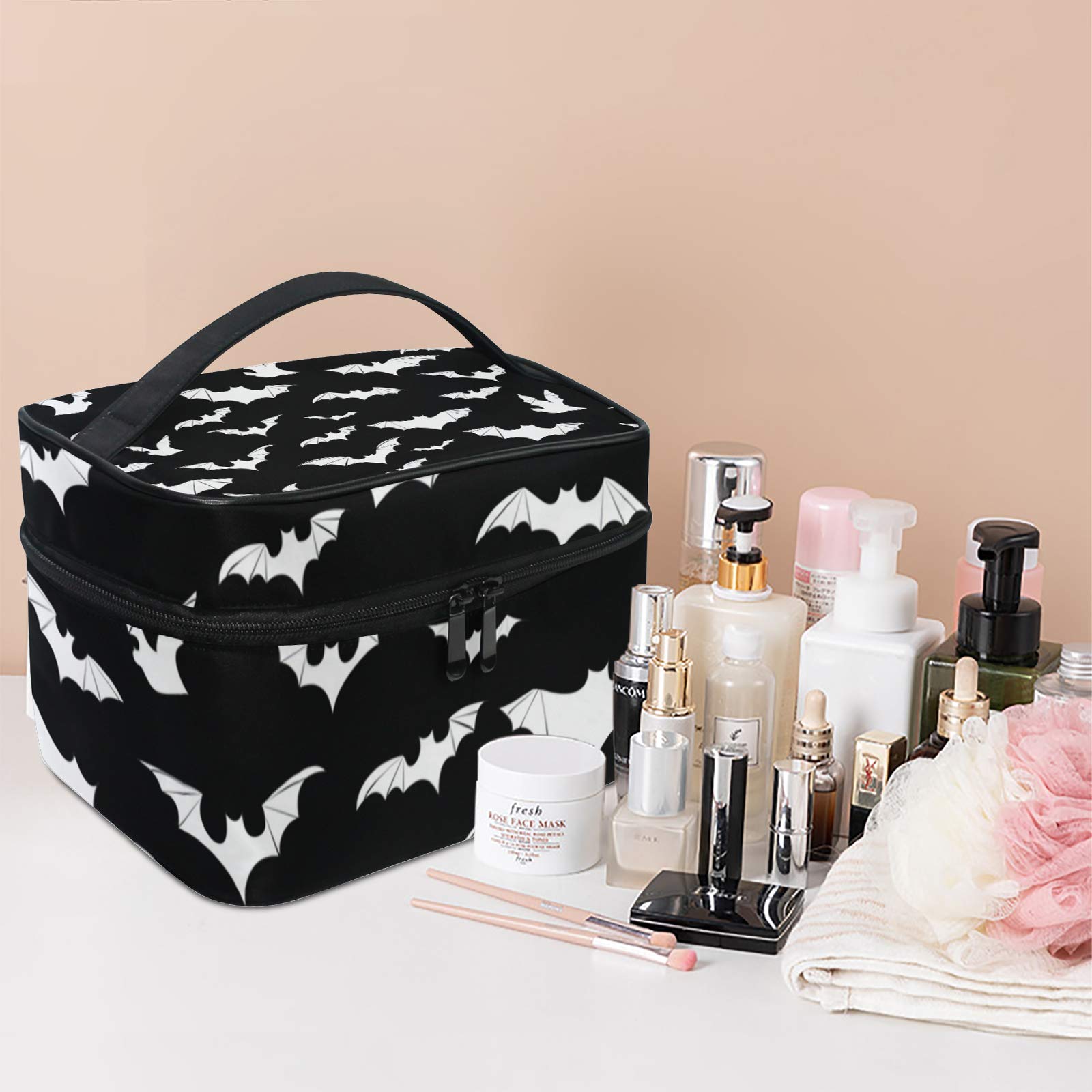 9CH Goth Makeup Organizer Bag, Halloween Makeup Bags Large Cosmetic Bag with Adjustable Dividers Portable Bat Cosmetic Case for Make up Brushes Toiletry Jewelry(Black Bats)