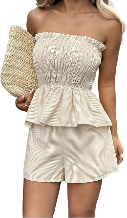 Women 2 Piece Outfits Ruffle Stripe Shorts Set 2025 Summer Off Shoulder Smocked Crop Top Mini Shorts Matching Sets