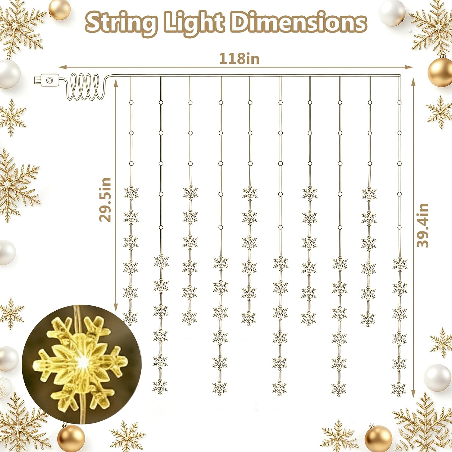 100 LEDs Curtain Lights with 8 Flashing Modes, 60 Snowflakes Hanging Light for Home, Bedroom, Wall Decor, 9.8ft Warm White Window Lights for Christmas, Wedding, Party, Birthday (Snowflake)