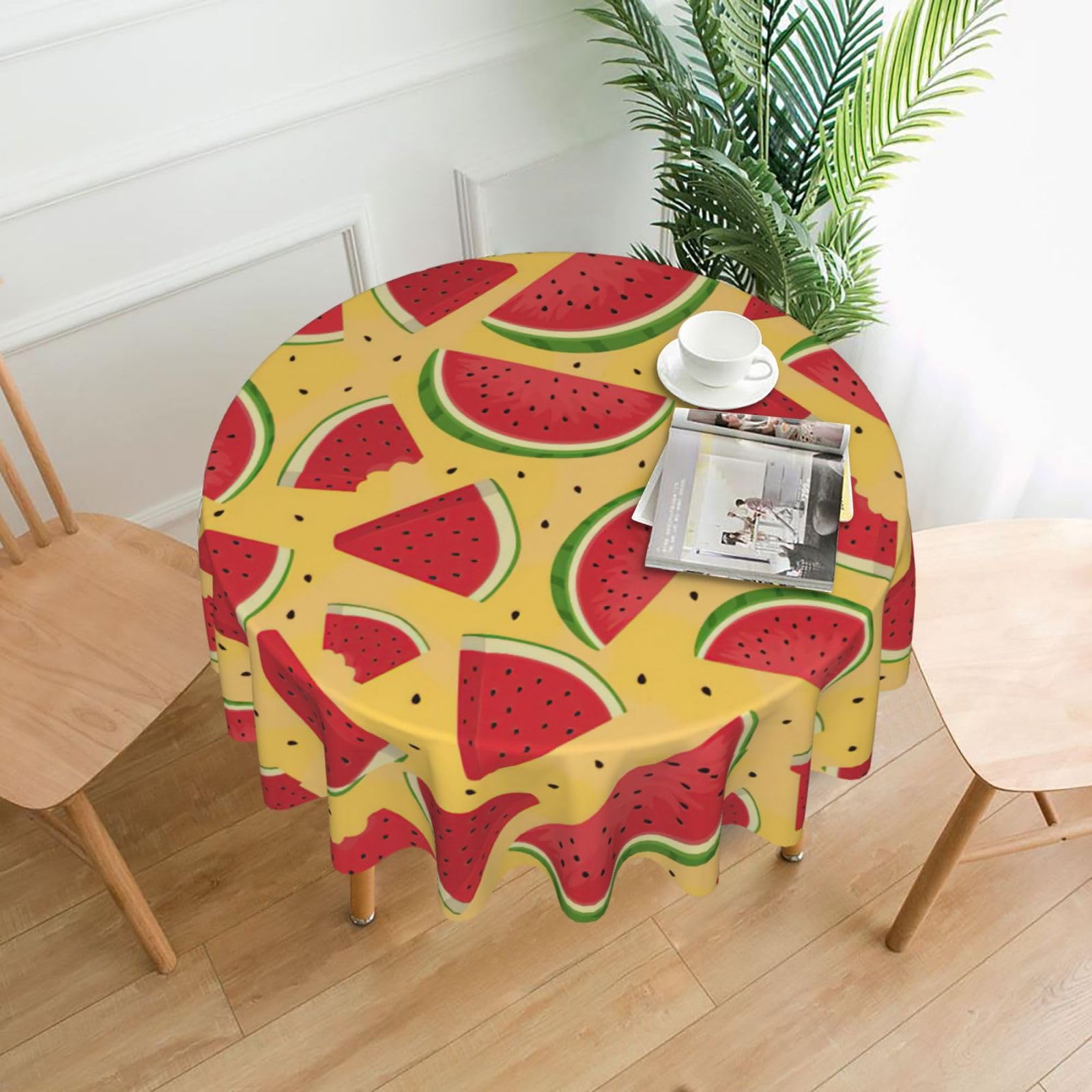 SDEGTHO Yellow and Watermelons Print Modern Retro Round Tablecloth 60in Polyester Fabric Cover for Party Dining Table Washable