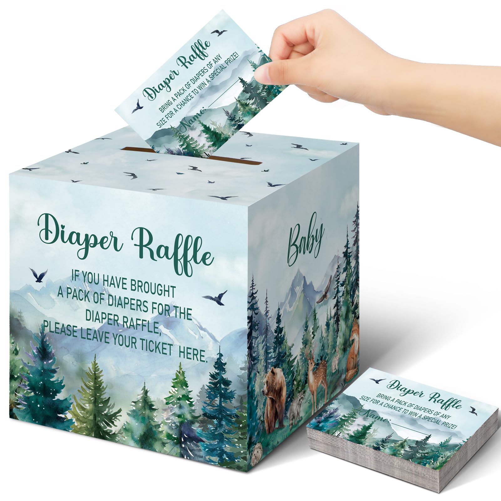 Teling 51 Pieces Diaper Raffle Tickets with Card Box,Let the Adventure Begin