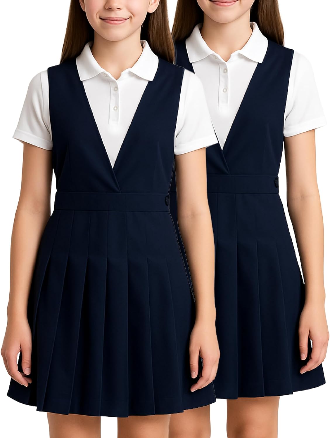 Girls School Uniforms – 2 Pack Pleated Twill Jumper with Double Buckle, Short Sleeve Uniform Dresses for Girls (4-16)