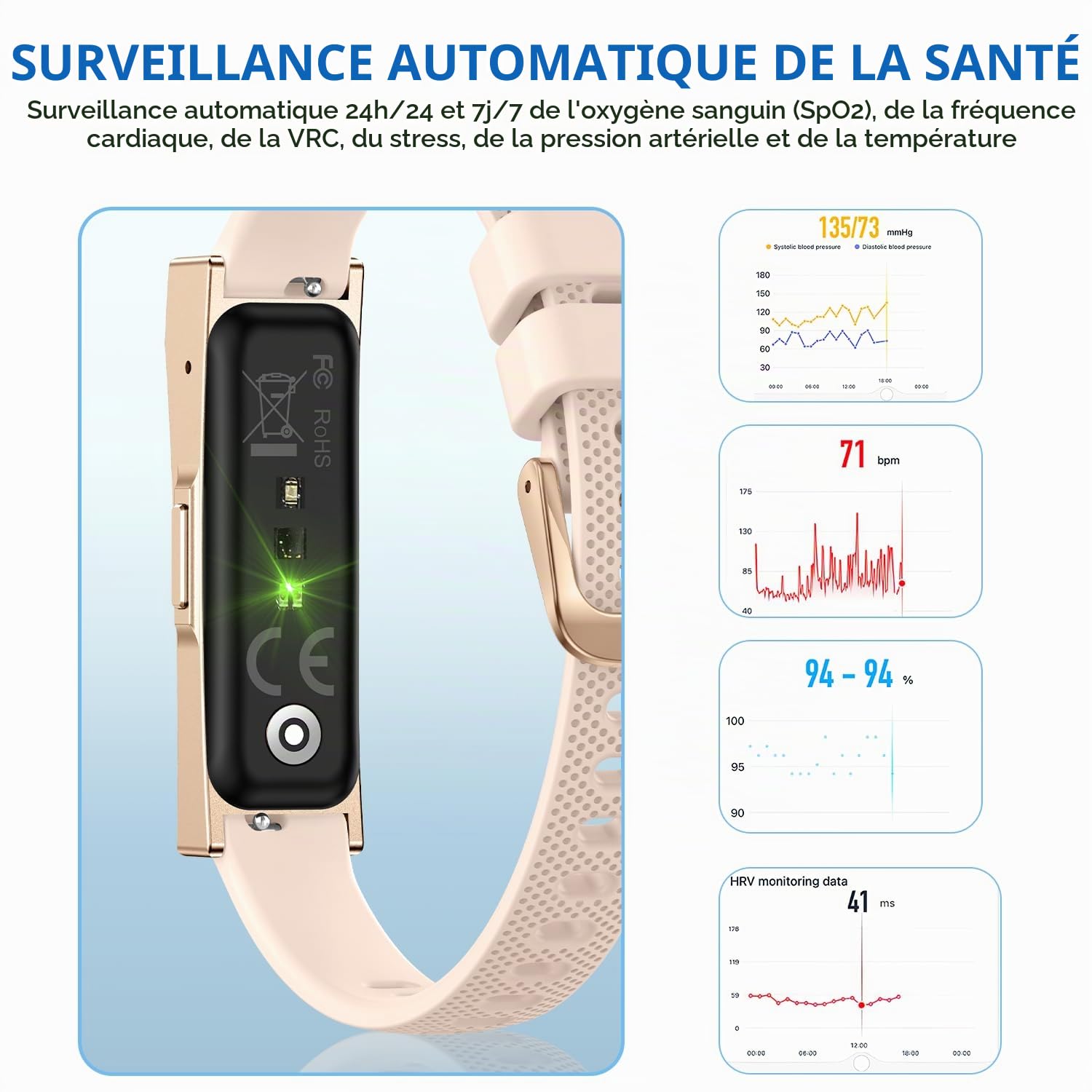 Bracelet Connectée Santé sans Écran, 22g Ultraléger Podometre, 24/7 Montre Tension Arterielle, Montre Connectée Femme, 35 Jours Autonomie Étanche 1ATM Smartband, 170+ Sports Fitness Tracker