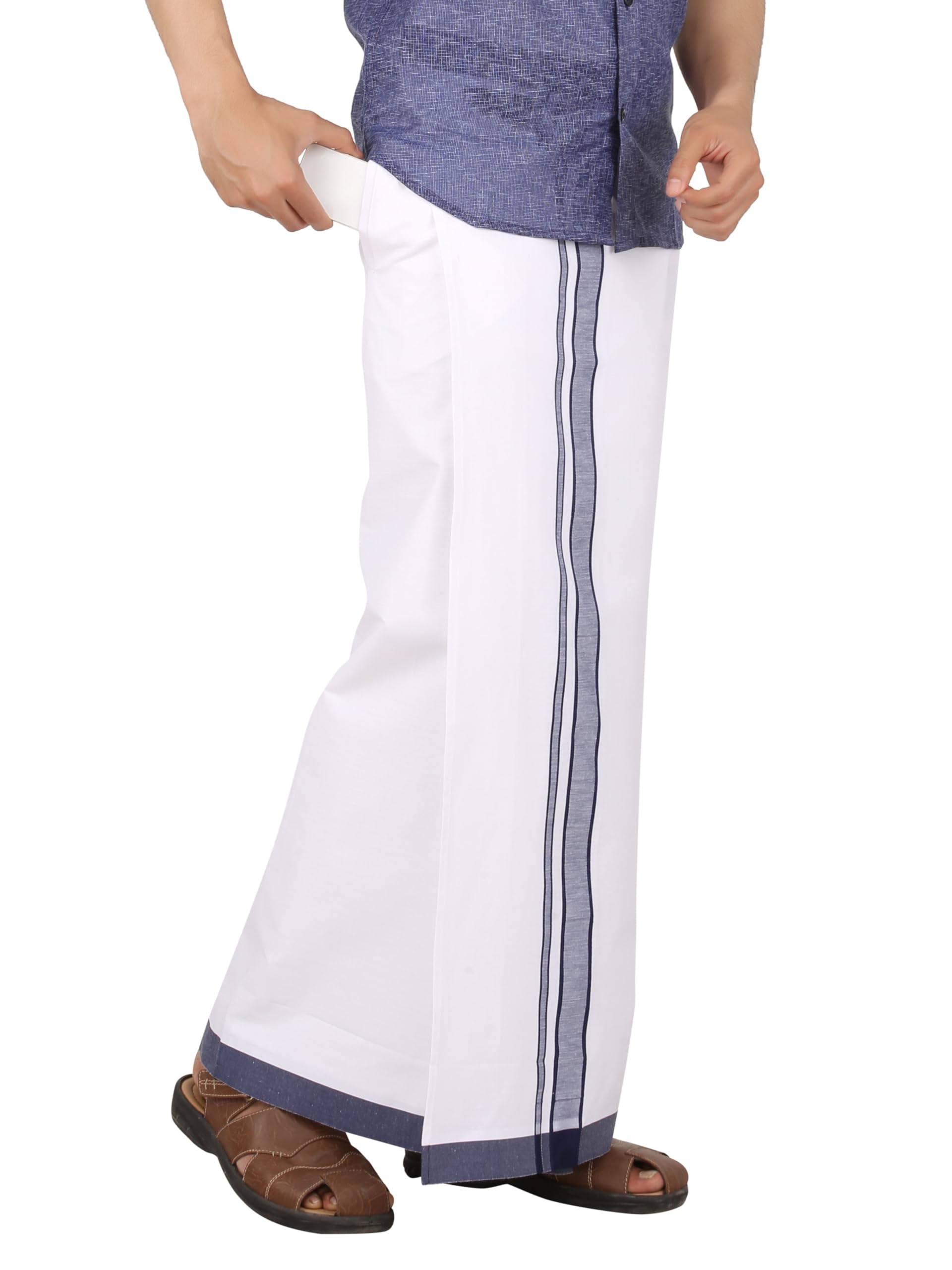prakasam cotton Men’s Moon Premium White Dhoti with Welcro Pocket & Fancy Border | Pure Cotton Mundu| Soft & Comfortable Dhoti for Men-picture-0