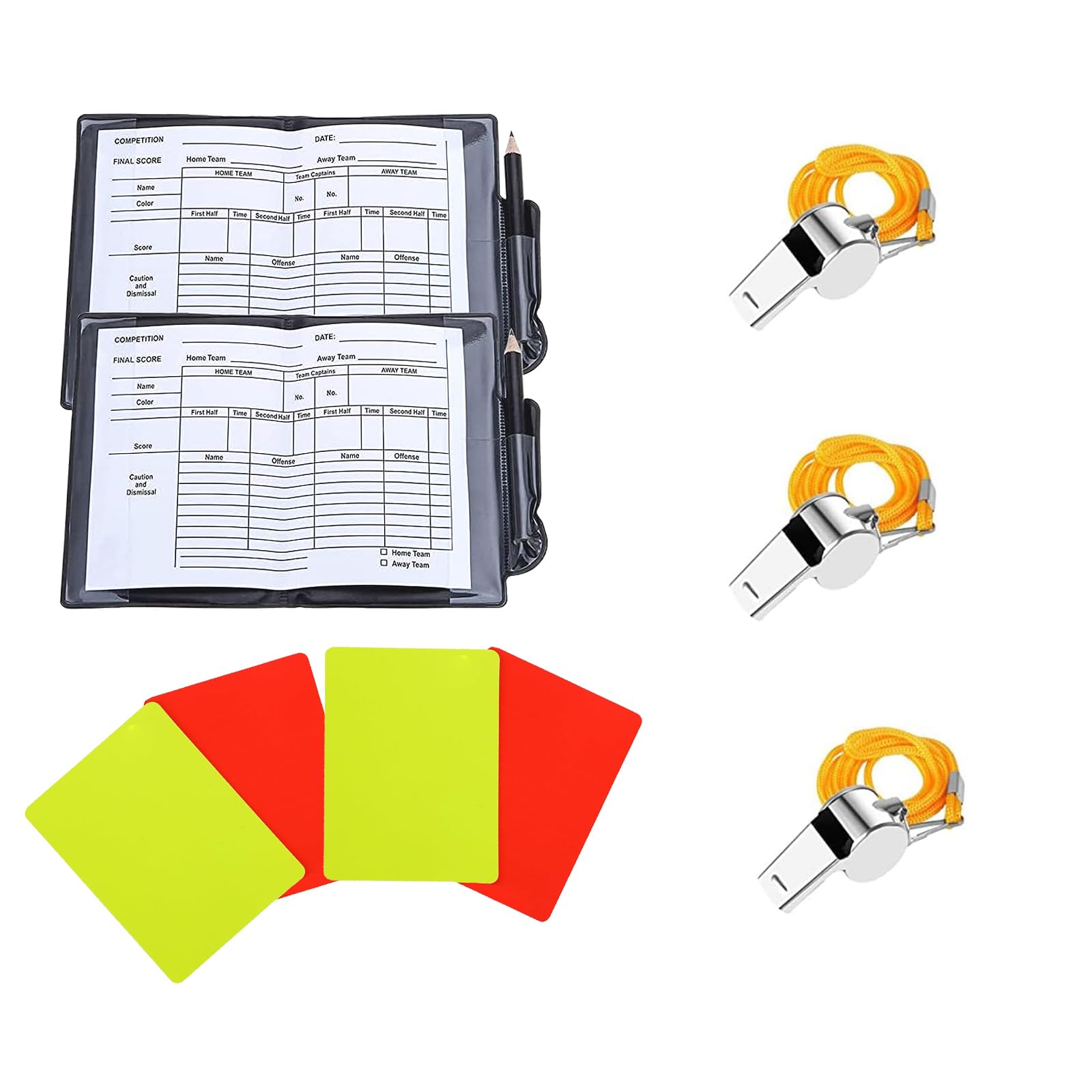 2 Set Juego de Tarjetas de árbitro de Fútbol Juego de Tarjetas de árbitro Deportivo con 3 Silbatos de Metal, PCV Tarjeta Roja Tarjeta Amarilla con bolígrafo y Estuche Libros de Puntuación,