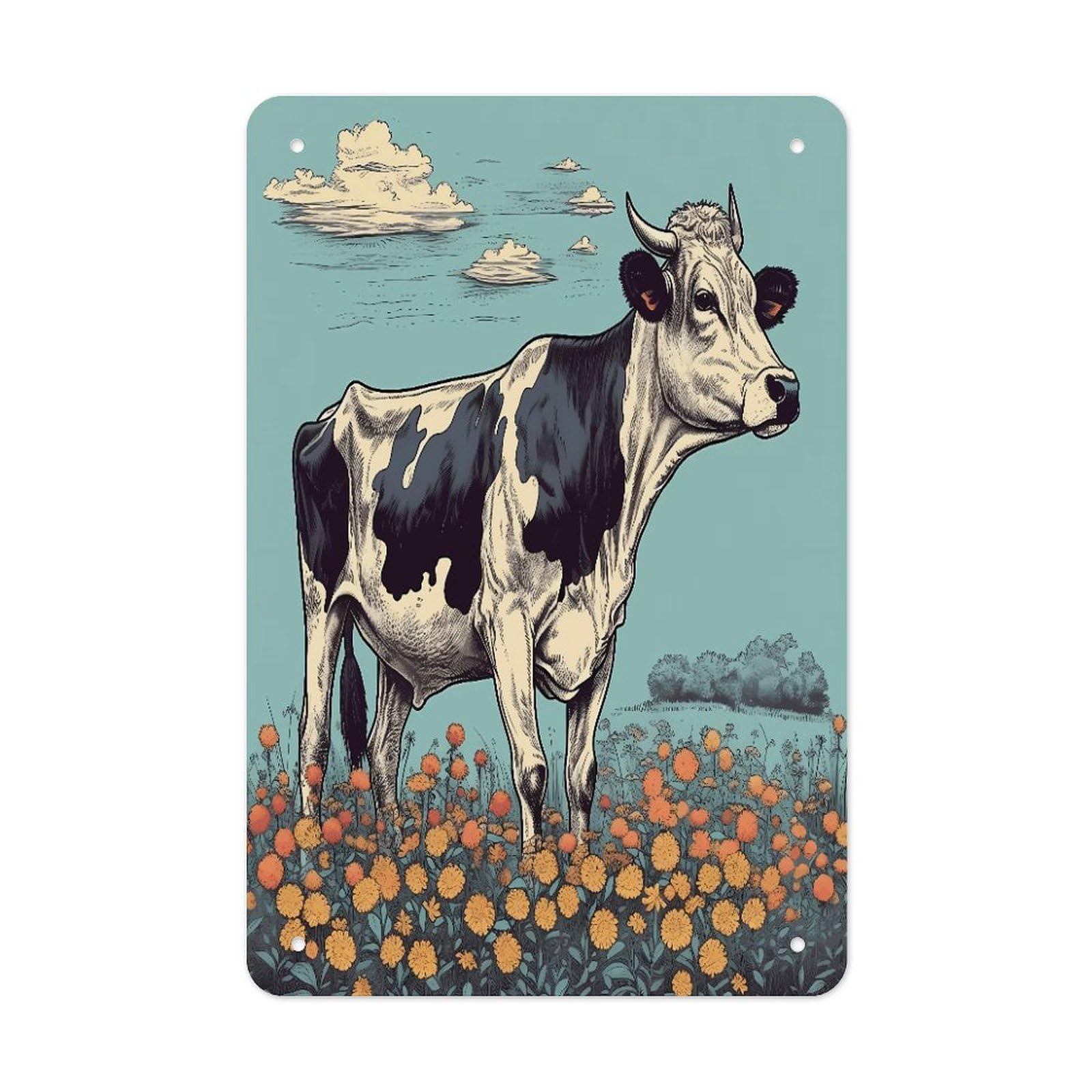 Btcowzrv Style Hand Drawn Cow Metal Tin Sign Wall Decor Hanging Plaque