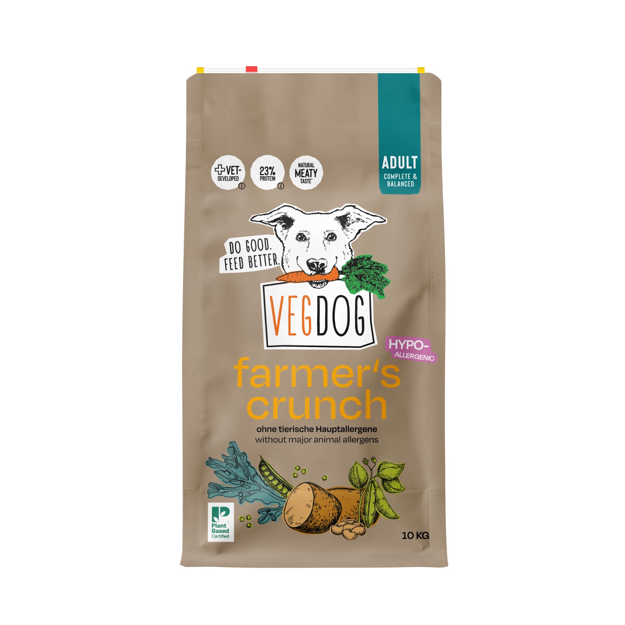 VEGDOG Farmer's Crunch hipoalergiczna sucha karma (10 kg), dla dorosłych psów, bez glutenu i soi, uboga puryna, dla alergików z białkiem ziemniaczanym