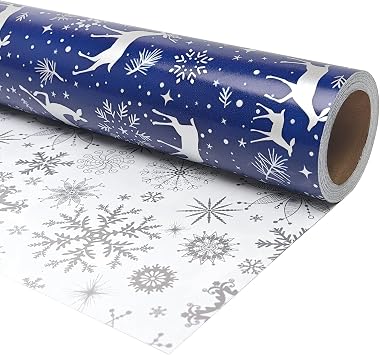 LDGOOAEL Mini Short Christmas Wrapping Paper Roll - Reversible Design 17 inches X 32.8 feet - Silver Deer & Snowflakes on Navy Paper