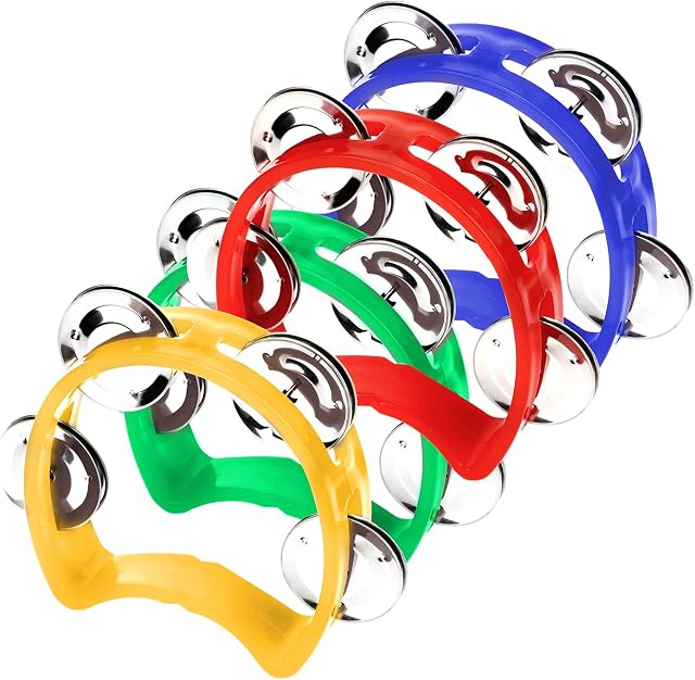 SAVITA 4 Pcs Percussion Tambourine Plastic Mini Half Moon Adults Tambourine Jingle Bell Musical Toys Musical Rhythm Instruments for Boys Girls Kindergarten Party Family Gatherings (Multi-colors)