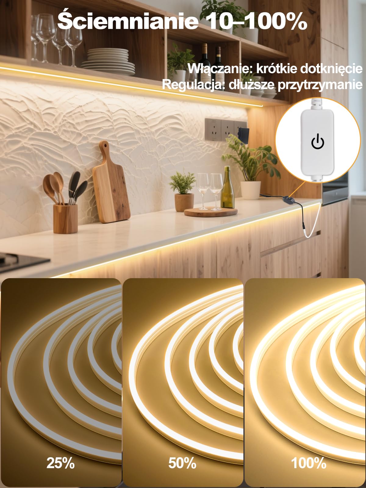 Neonowa taśma LED 10 m ze ściemniaczem, ciepła biel, 1200 diod LED, neonowa taśma świetlna LED, DIY, krawiectwo, elastyczna, z zasilaczem sieciowym 24 V, do kuchni, sypialni, oświetlenia
