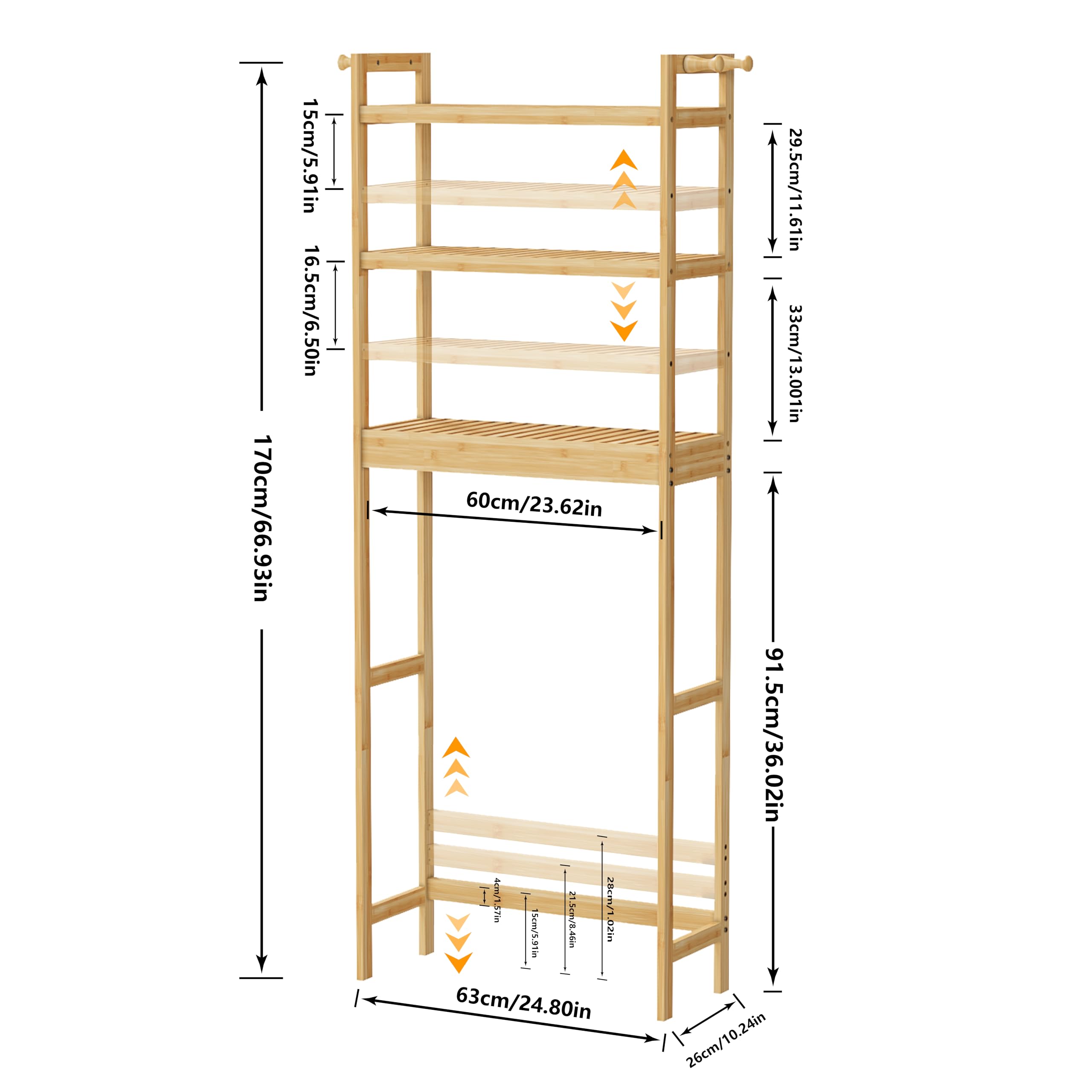 unho Scaffale Mensola per Lavatrice: Bagno Mobile Sopra WC in Bambù Portaoggetti Ripiani Regolabili Salvaspazio Scaffalatura per Lavatrice 63x26x170 cm