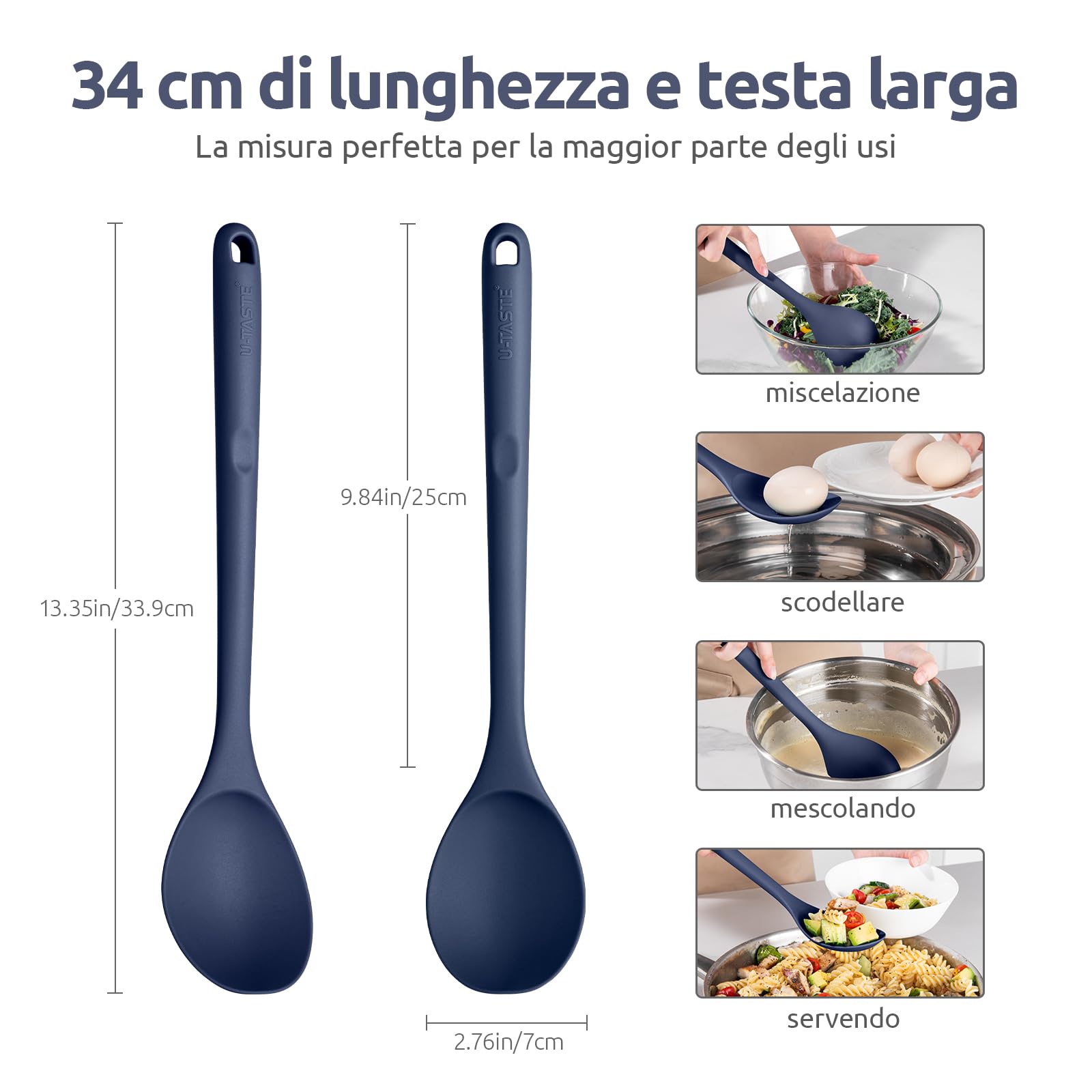 U-Taste Cucchiaio da cucina in silicone: cucchiaio da cucina solido resistente al calore 315 ℃, grande strumento in gomma antiaderente senza BPA per mescolare, servire, imbastire (Blu mezzanotte)