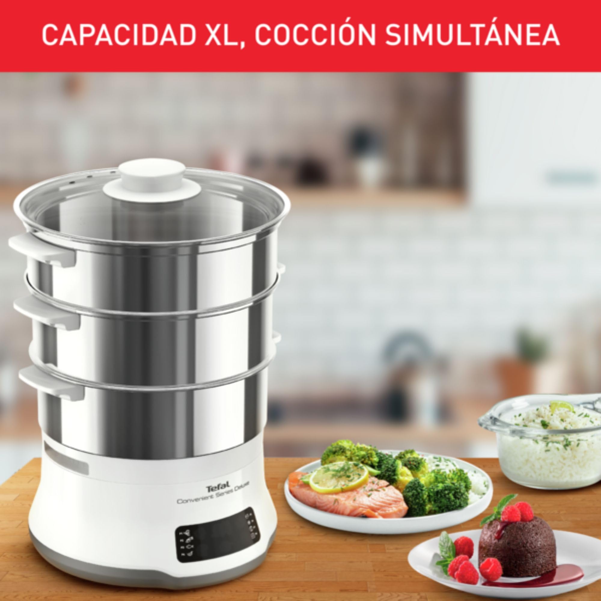 Tefal Vaporera eléctrica Convenient Series Deluxe VC502D - Vaporera cocina vapor de 900 W, 8 programa de cocción, bol acero inoxidable, hasta 3 platos a la vez, panel de control táctil, fácil limpieza