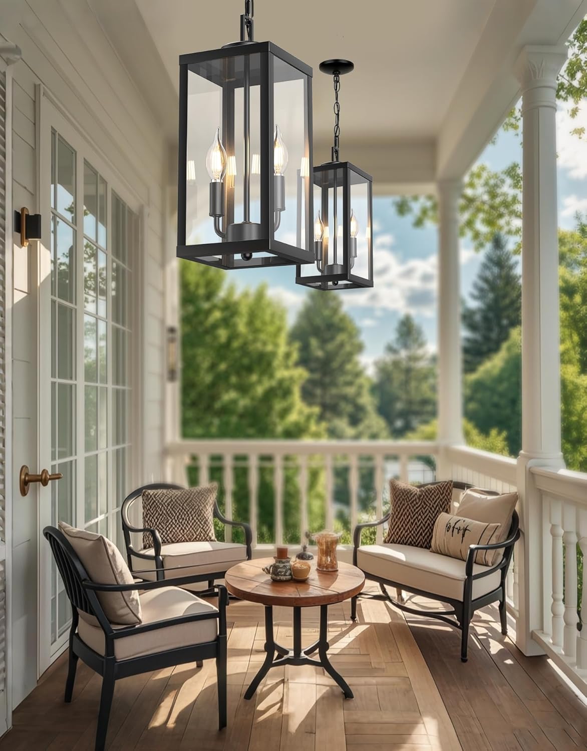 PARTPHONER Modern Outdoor Pendant Light with Dual E12 Base Socket, Matte Black Chandelier with Clear Glass Shade, Exterior Hanging Lantern for Front Porch Entrance Foyer Entryway (Bulb Included)