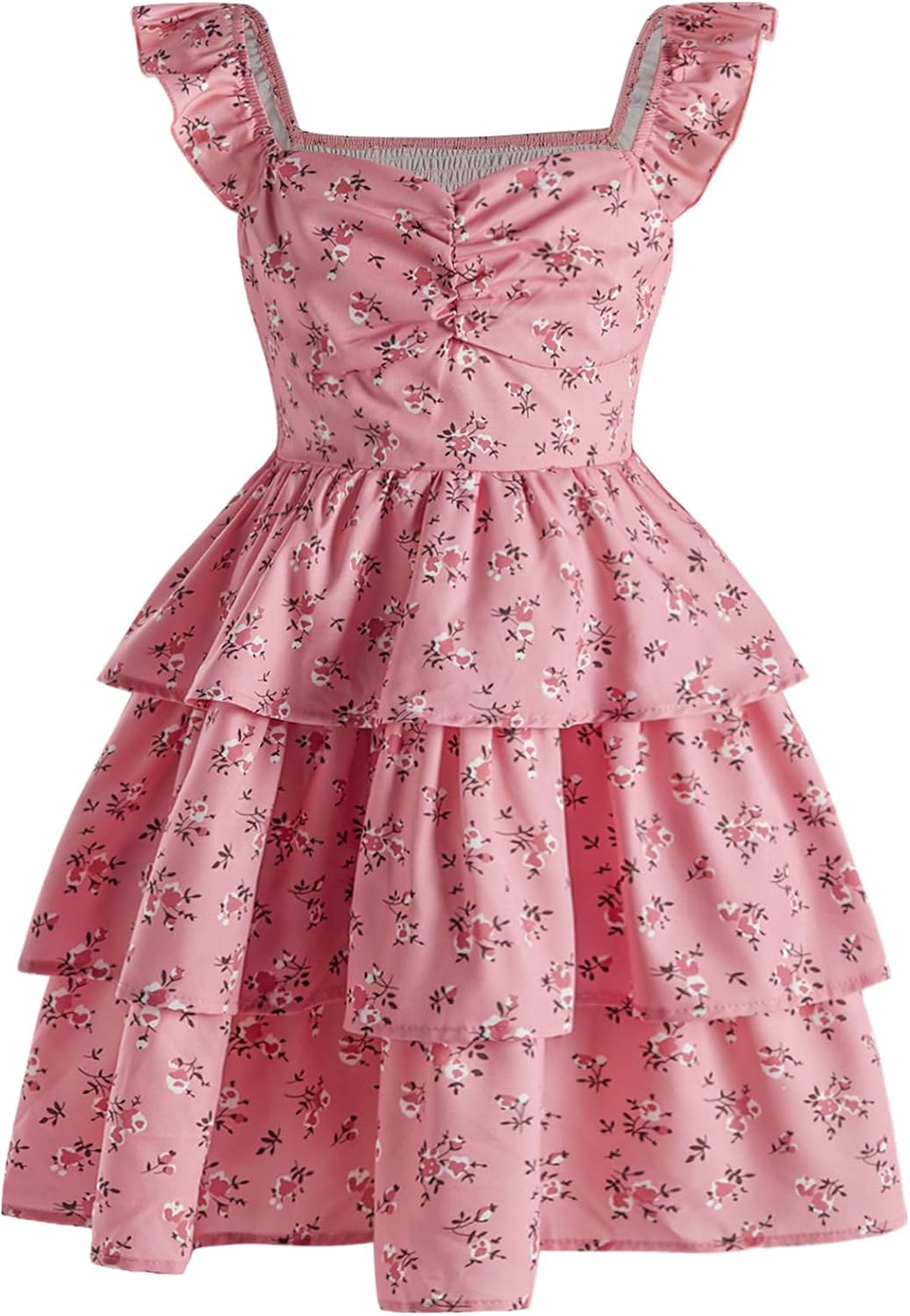 Girl's Floral Summer Dress Ruffle Shirred High Waist Ruched Sweetheart A Line Spring Dress