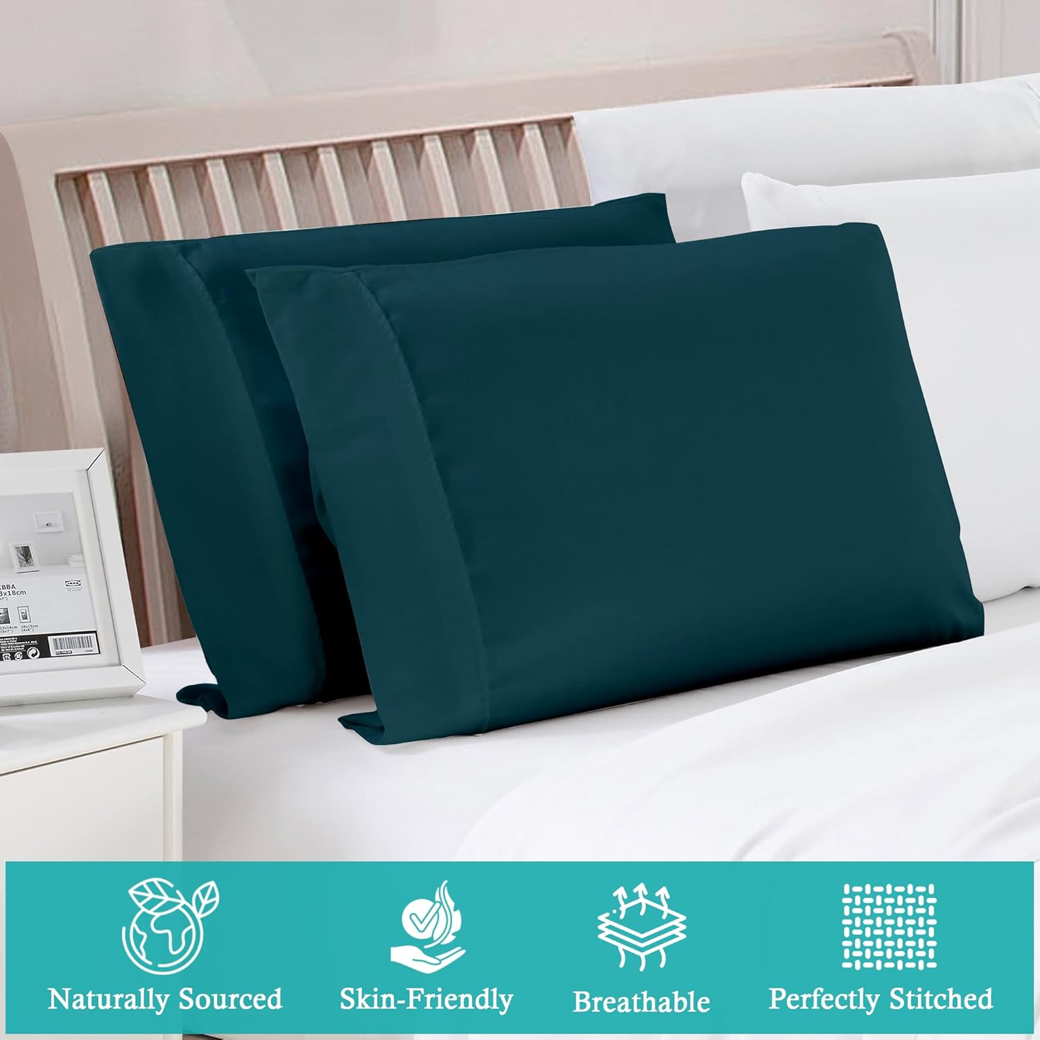 Set of 2 Pillow Cases 600 Thread Count 100% Egyptian Cotton Long Staple Pillowcase, Durable and Silky Soft Pillow Covers, Natural Luxurious Hotel Class Bedding (King, Teal) - Image 3