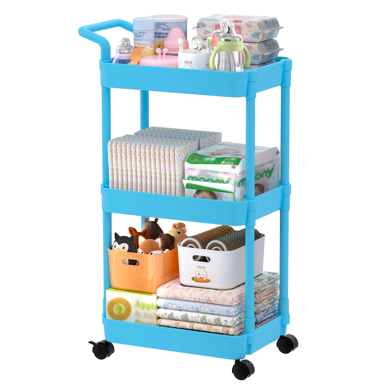 Volnamal Diaper Caddy, 3 Tier Rolling Cart for Baby Essentials, Blue