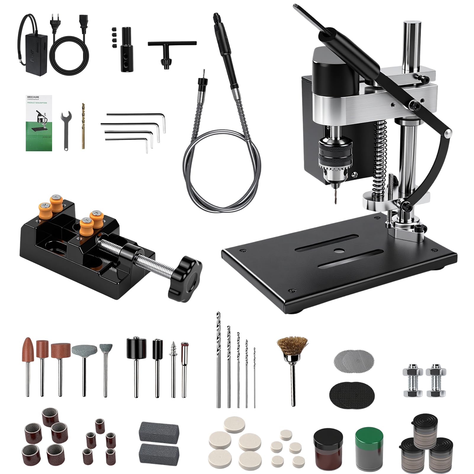 Mini Taladro de Banco, Taladro de Columna 200 W, 7 Velocidades Ajustables, Motor 775, Accesorio Eje Flexible, Portabrocas 0,6-6,5 Mm, Recorrido Perforación 50 mm para Madera, Metal, Plástico, Aluminio