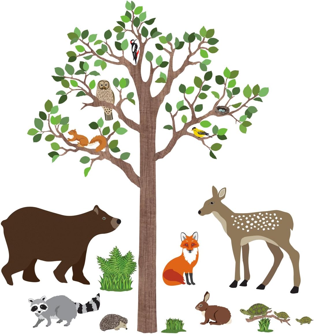 Large Woodland Animal Wall Decals and 7 ft Tree Wall Decal Repositionable Peel and Stick