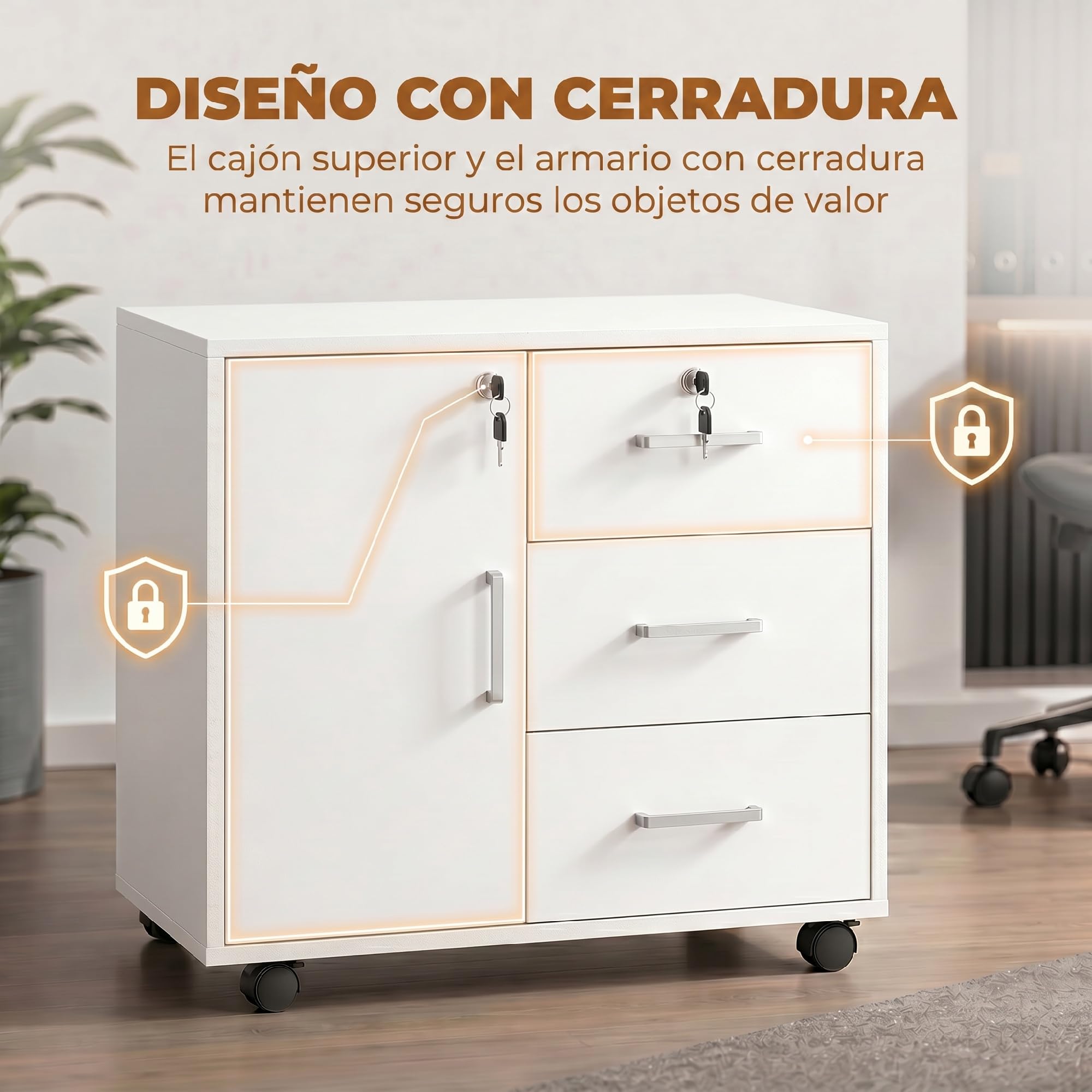 HOMCOM Mueble para Impresora con Ruedas Puerta 60x40x56 cm Blanco | Mesa para Impresora, 3 Cajones, Cerraduras, Estante Ajustable, Archivador Móvil para Oficina en Casa