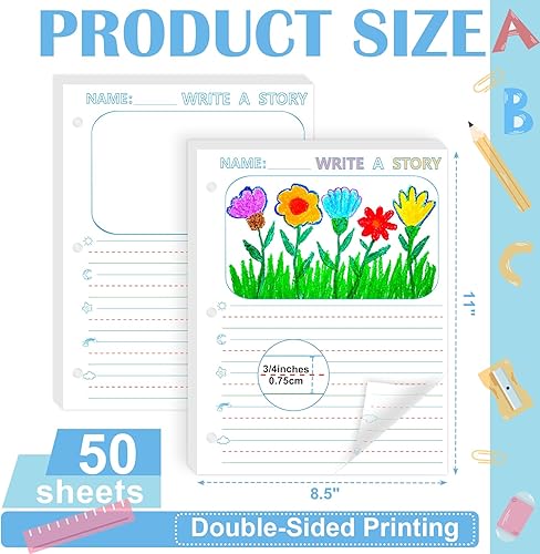 Miniatura 2 de 50 hojas de papel de escritura de historias de 8.5 x 11 pulgadas para niños, papel de dibujo y escritura de hojas sueltas de 34 pulgadas de regla
