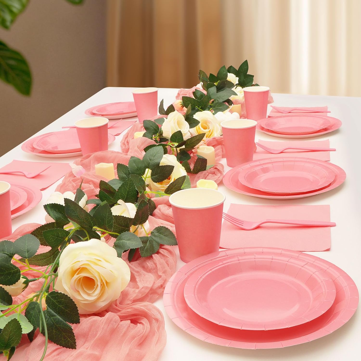 Pink Paper Plates for Party, Disposable Plates and Napkins Party Supplies Serves 25, 7&9inch Plates and Napkins Cups Forks Tableware Set for Valentines Day, Baby Shower,Wedding, Birthday - Image 5