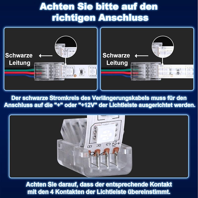 Set REDTRON de conectoare și cablu prelungitor de 5 m pentru benzi LED RGB 5050 cu 4 pini, fără lipire, 10 mm, 22AWG, incluzând 10 conectori