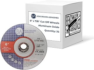 Benchmark Abrasives 6" Aluminum Oxide Thin Type 1 Cut-Off Wheels for Metal & Stainless Steel, 0.045" Thick 7/8" Arbor - 25 Pack Angle Grinder Discs