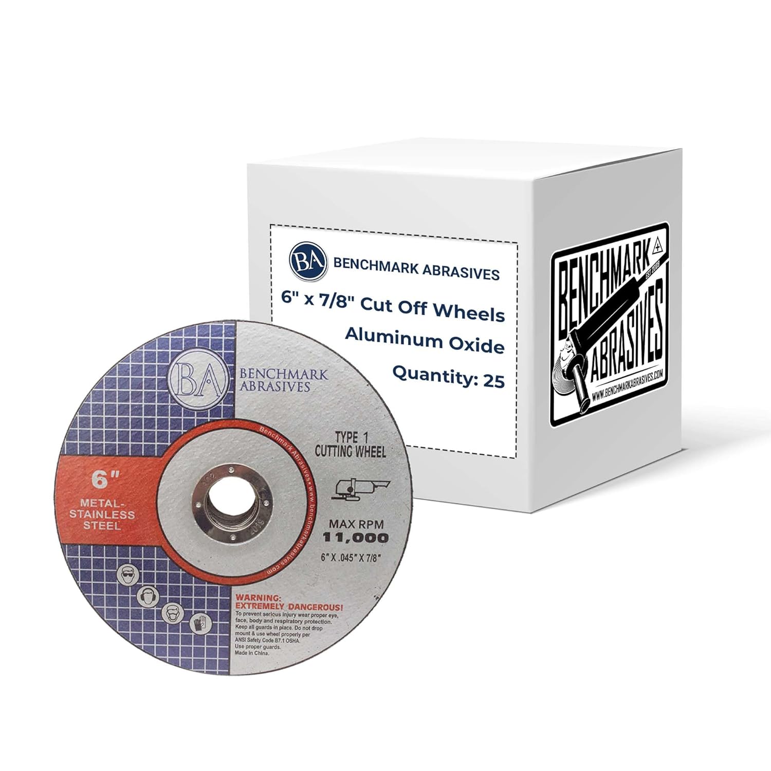 Benchmark Abrasives 6" Aluminum Oxide Thin Type 1 Cut-Off Wheels for Metal & Stainless Steel, 0.045" Thick 7/8" Arbor - 25 Pack Angle Grinder Discs