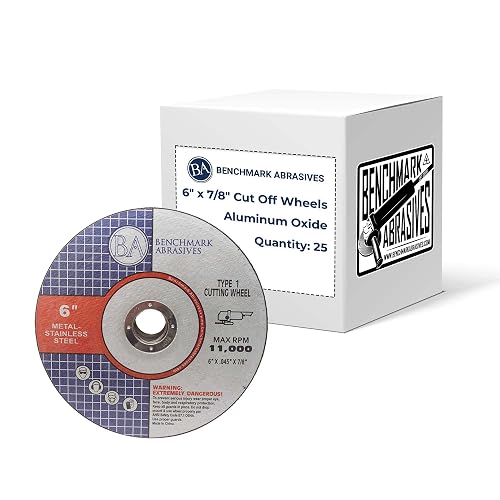 Benchmark Abrasives 6" Aluminum Oxide Type 1 Cut Off Wheels, 25-Count | For Metal and Stainless Steel, 0.045" Thick, 7/8" Arbor, Angle Grinder Cutting Disc, Thin Kerf